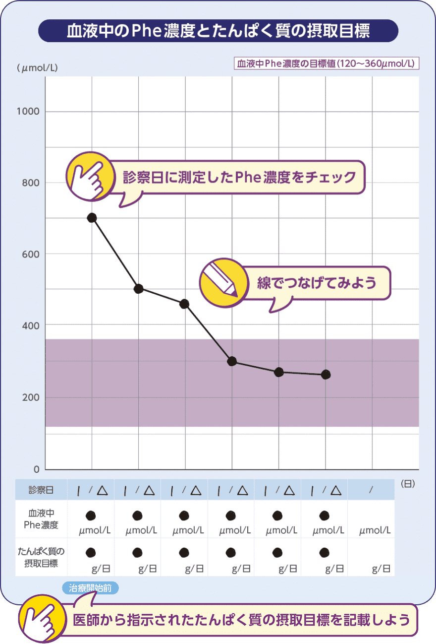 サムネイル_血液中のPhe濃度とたんぱく質の摂取目標_治療の記録（例）